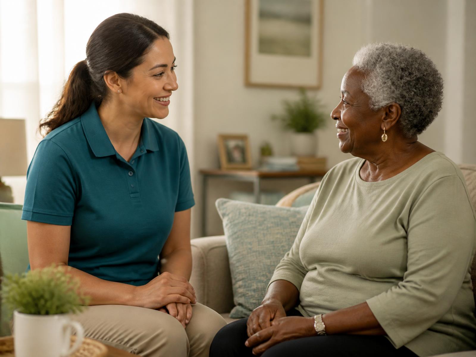 A caregiver and an older woman sitting together and talking in a bright, comfortable living room