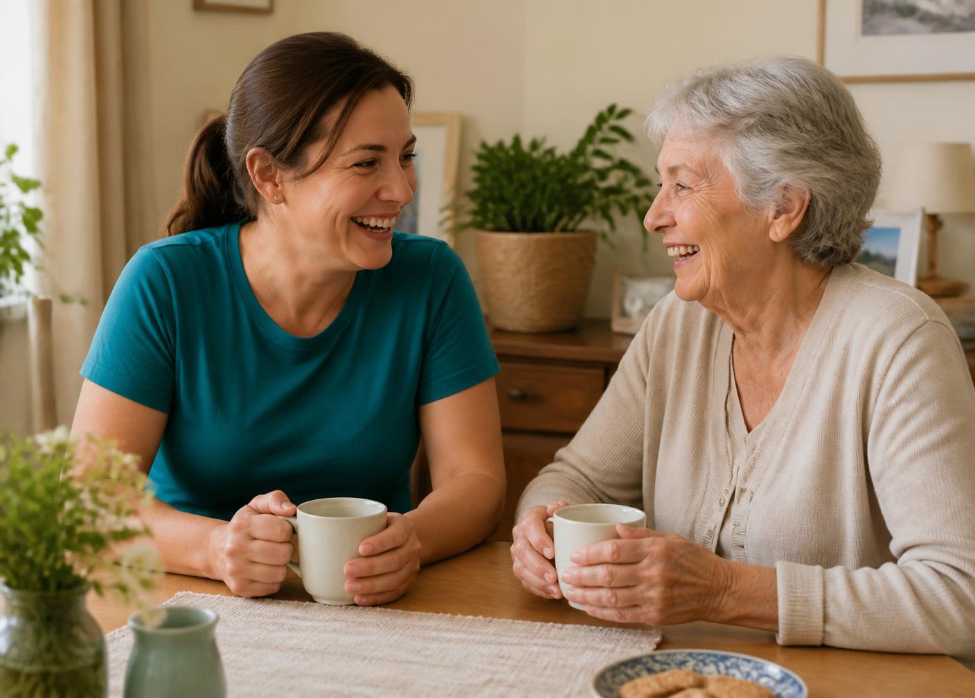 A caregiver and an older woman laughing together over tea at a home dining table